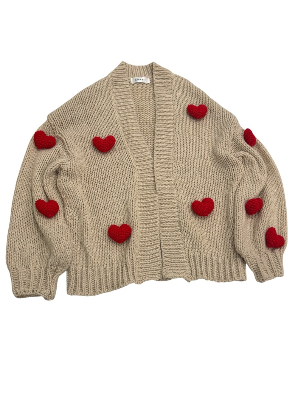 Bailey 44 Women Beige Chunky Knit Cardigan with Red Heart Appliqués Size Medium